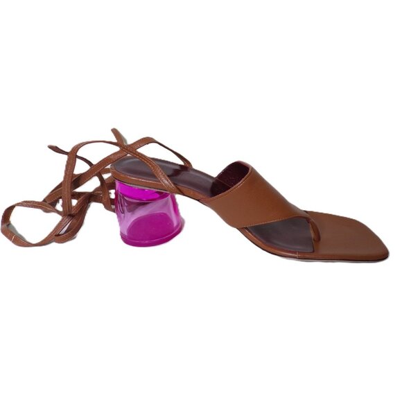 🆕STAUD Adora Lace Up Lucite Block Heel Sandal Shoes 7 Tan Pink - Picture 9 of 12